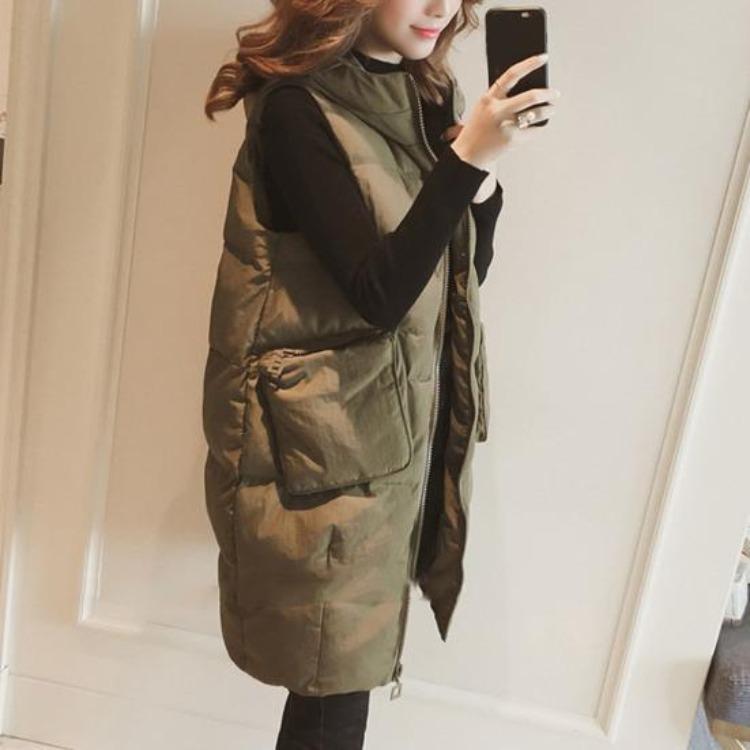 Women Hooded Down Vest Stand Collar Sleeveless Long Coat Quilted Puffer Jacket Full Zip Warm