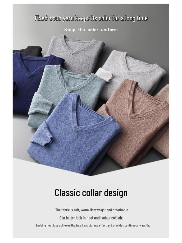 Men's Wool V-neck Sweater - Casual Loose Fit, Long Sleeve, Autumn/Winter Knitted Outerwear.