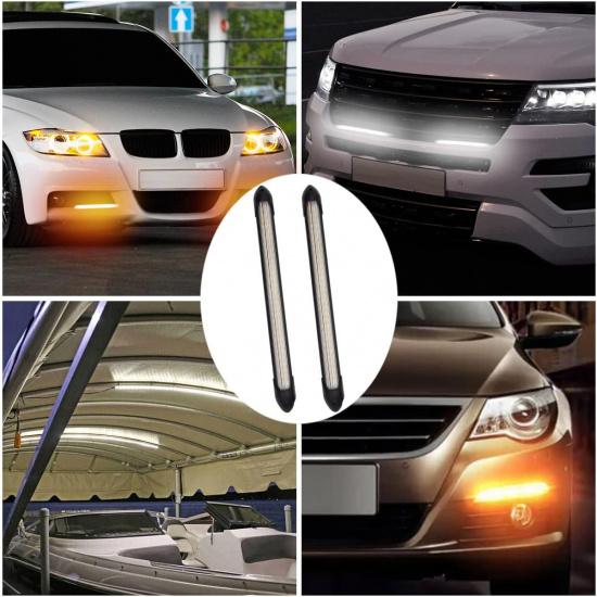 Exterior Car LED Lights, 2Pcs Flexible Daytime Running Light Strip Waterproof Auto Headlight Sequential White Turn Signal Yellow Led Light, 13.6