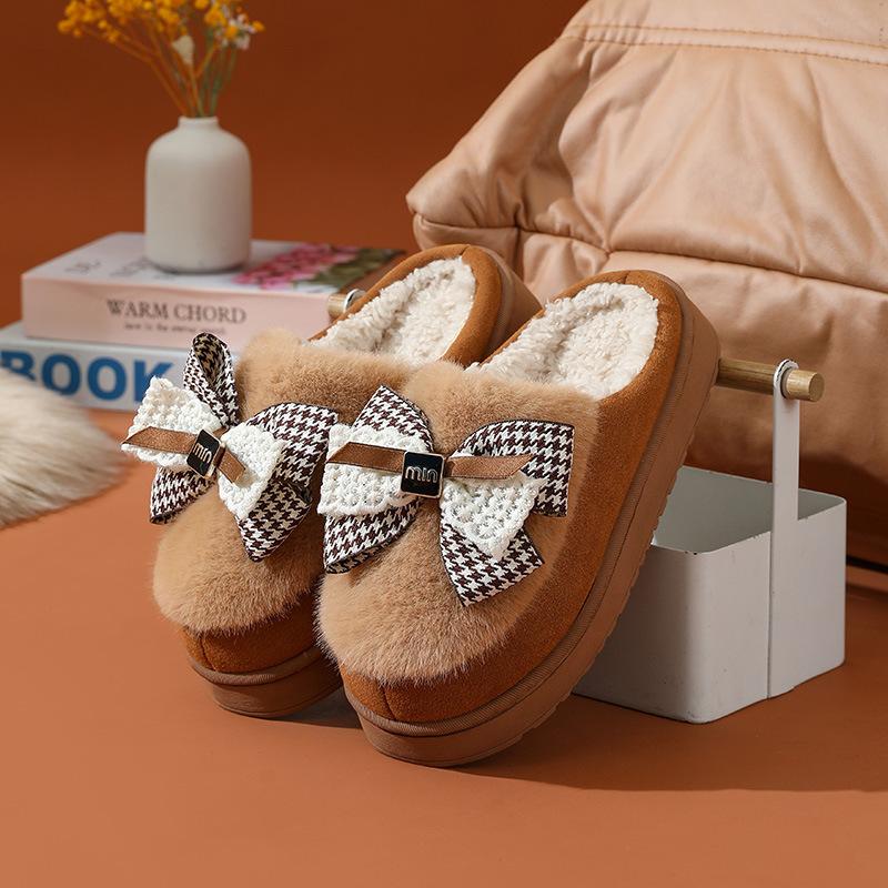 

Bow cotton slippers women s winter indoor home thick bottom warm cute plush household cotton mop Size 40-41 [Shoes 1-2 sizes smaller]