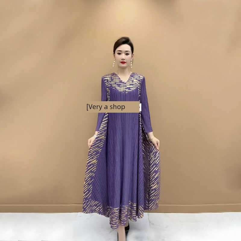 

High-End Elegant Bronzing Ruched Dress Autumn New Arrival Plus Size Women s Clothing Fashion Simple Western Style Flab Hiding Mom Wear Purple XL [Suggested 52.50 kg-60.00 kg]]