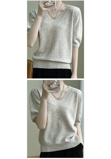 Tricou de bază pentru femei, cu gât în V, tricotaj larg din lână pură, cu mânecă scurtă, din cașmir