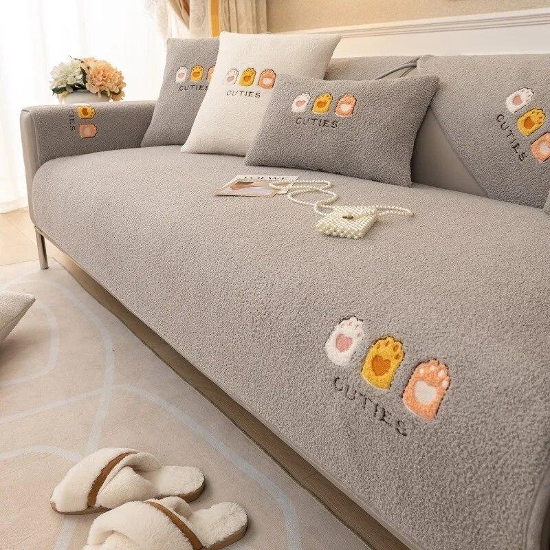 Cartoon Lamb Wool Sofa Cushion Winter Non-Slip Embroidery Plush Cushion Living Room Sofa Cover Thickened Warm Cover Cloth