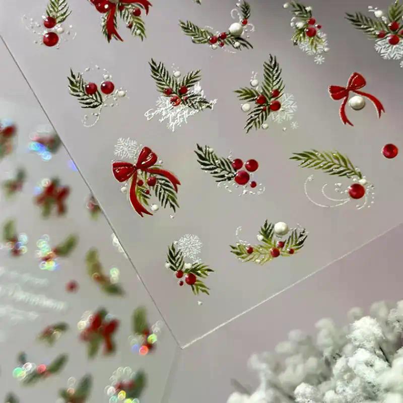 Vánoční nálepky na nehty Laserová sněhová vločka Reliéfní 3D vánoční strom Listy Kreslené Nositelné náplasti na nehty Manikúra Dekorace Kouzlo