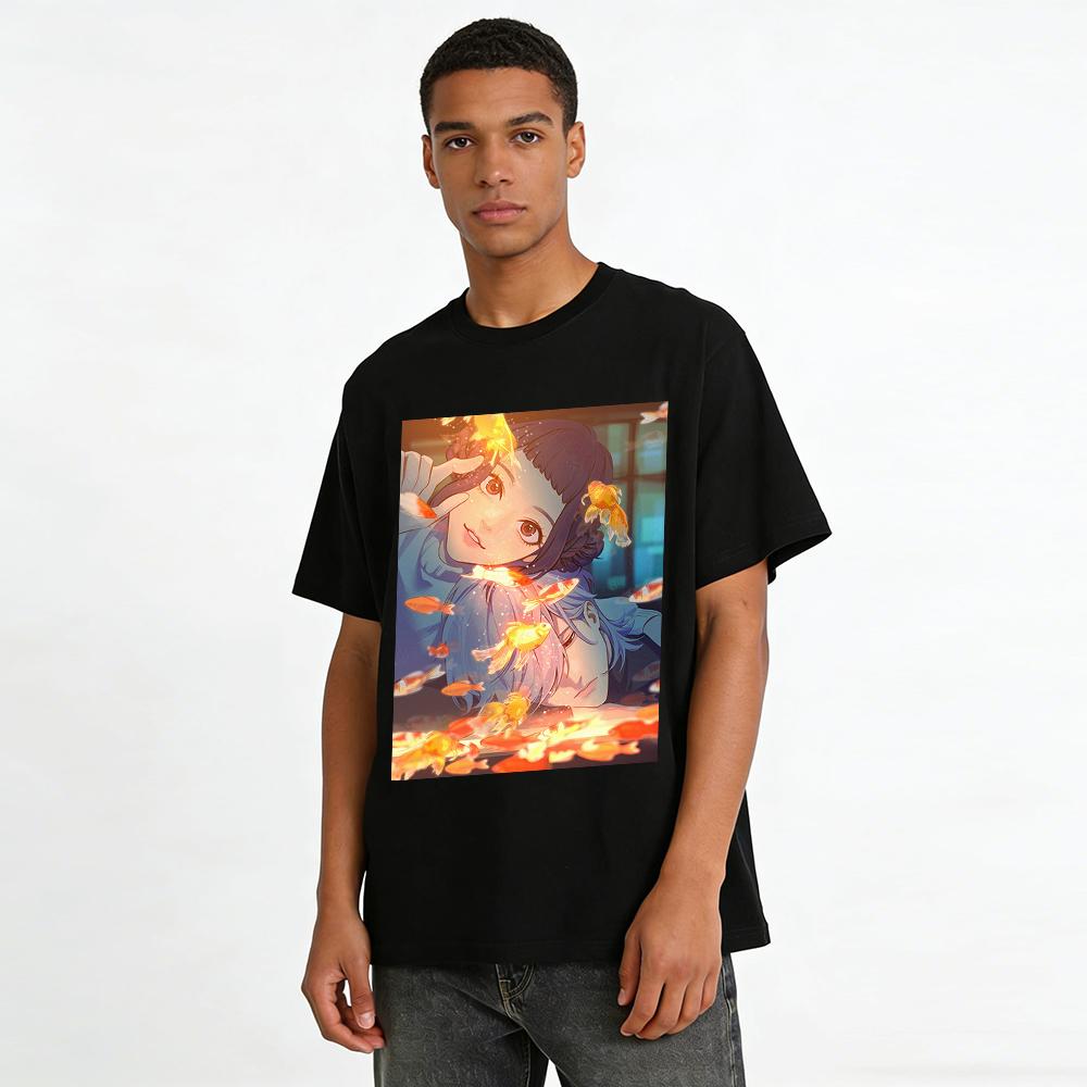 Anime Style T-Shirt with Goldfish & Couple Print Unisex Loose Casual Top for Anime Fans Pure cotton T-shirt