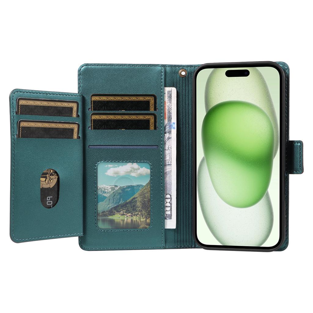 For iPhone 15 Plus Case with Multi-Card Holder and Strap PU Leather Phone Cover Stand