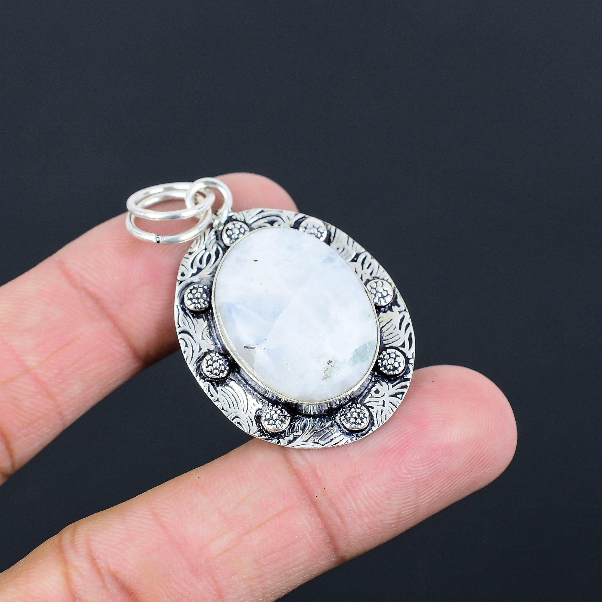 925 Silver Rainbow Moonstone Gemstone Daughter Anniversary Bezel Wedding Pendant