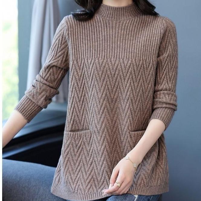 Women's Loose Mid-length Sweater Autumn Winter Thickened crew neck Solid Color Sweater with Pockets