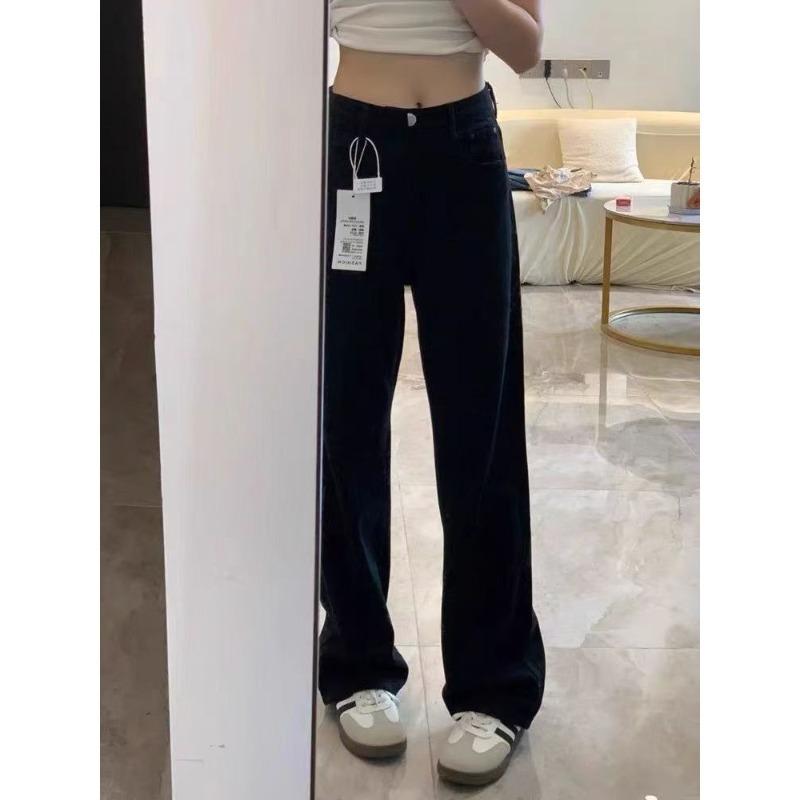 Black straight jeans women's autumn and winter new narrow version velvet high waist loose and thin wide-leg pants