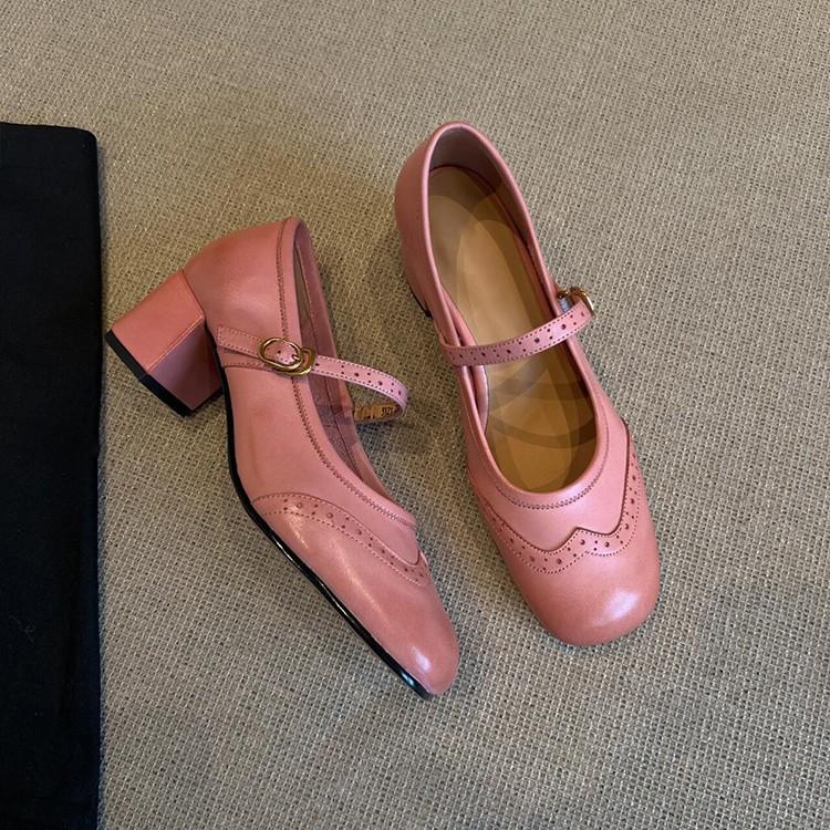 Spot version~ Versatile one-word buckle light mouth thick heel Mary Jane shoes women's retro Block square head soft leather small single shoes