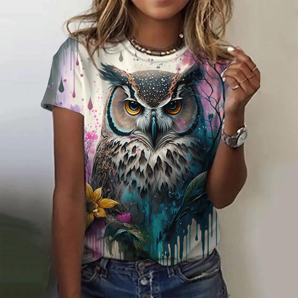 Women's Short Sleeved 3D Cute Owl Pattern Printed T-shirt, Fashionable Animal Print Round Neck T-shirt, Women's Clothing, Women's Top