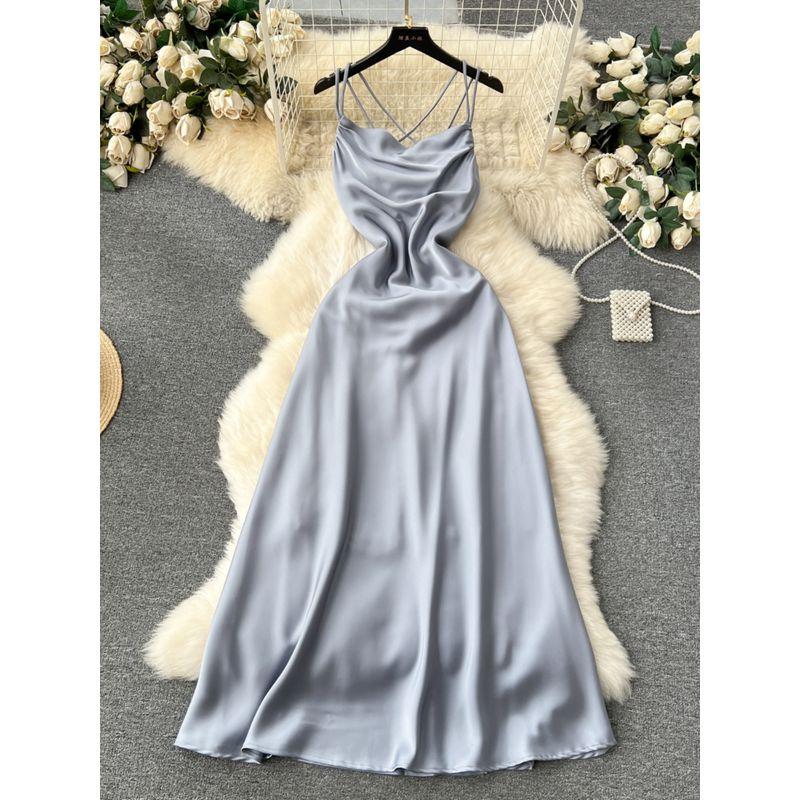 Temperament Goddess Style Open Back Satin Sling Dress