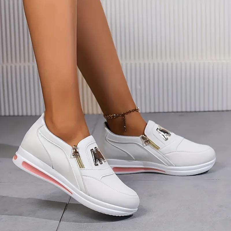 Damen Plateau-Sneakers, lässig, doppelseitiger Reißverschluss, Outdoor-Schuhe, bequeme niedrige weiße Schuhe