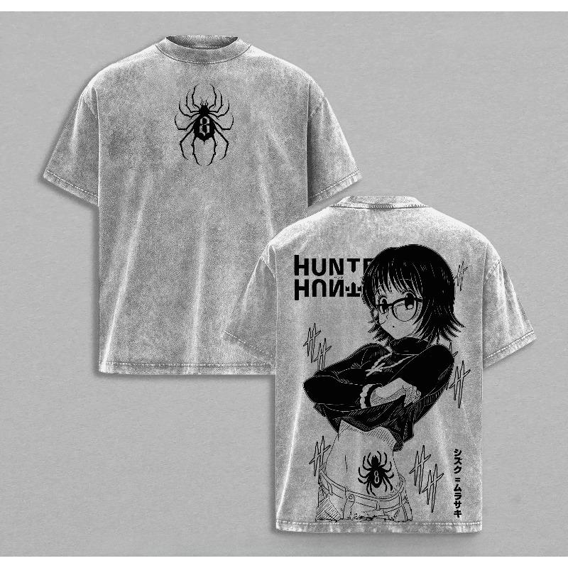 HUNTER×HUNTER Anime T-shirt Shizuku Printed Washed Oversized T Shirt Men Clothing Summer Casual Short Sleeve Cotton Tees Tops S серый