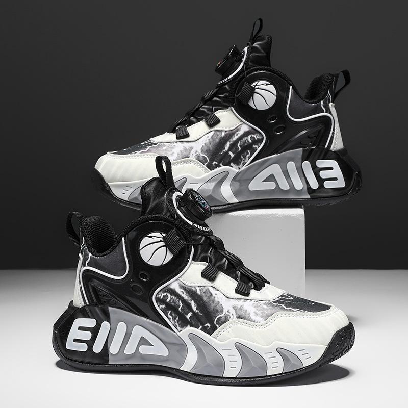Children's Basketball Shoes Mesh Breathable Men's and Women's Sports Shoes Leather Waterproof Rotating Buckle Free Lace-up Girls Running Shoes