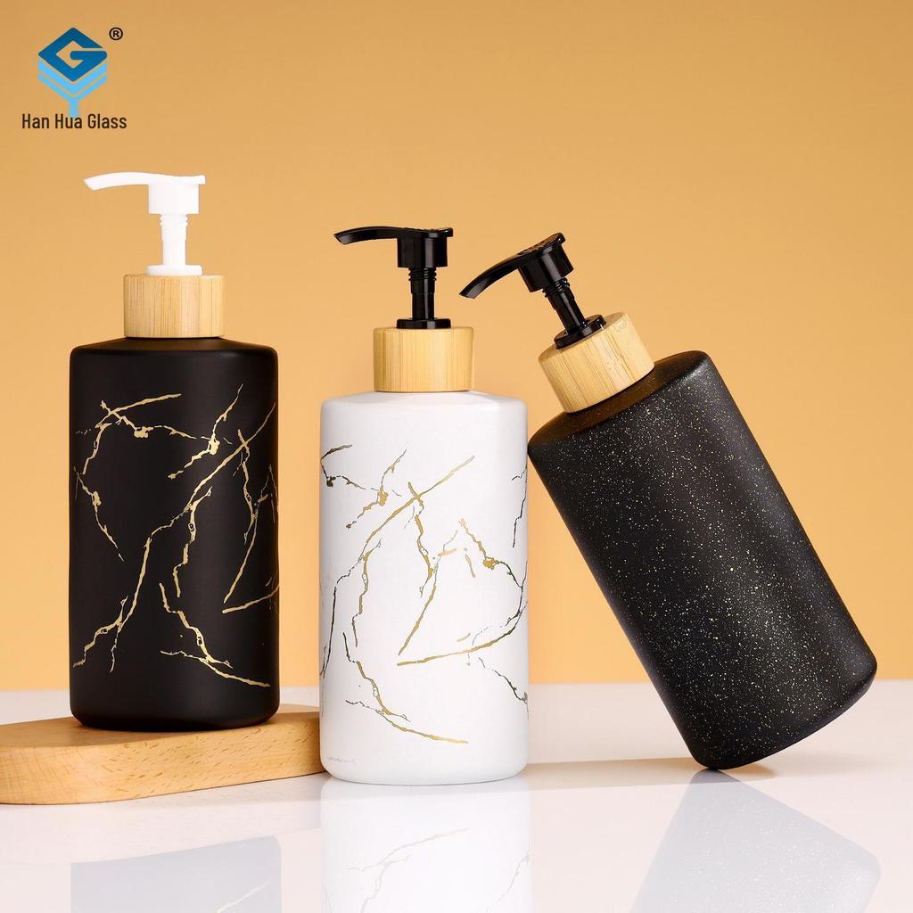 Marble Pattern Glass Pump Bottle for Hand Sanitizer, Shampoo, and Shower Gel