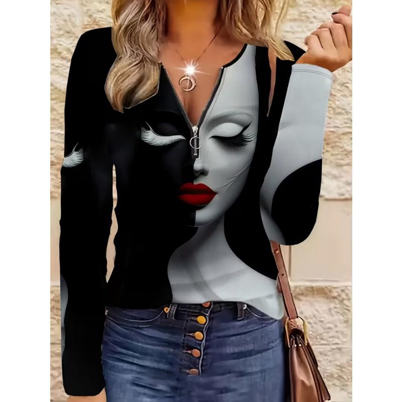 Kreatives bedrucktes Reißverschluss-Langarm-T-Shirt für Damen, atmungsaktiv, weich und bequem, geeignet für lässige Kleidung das ganze Jahr über