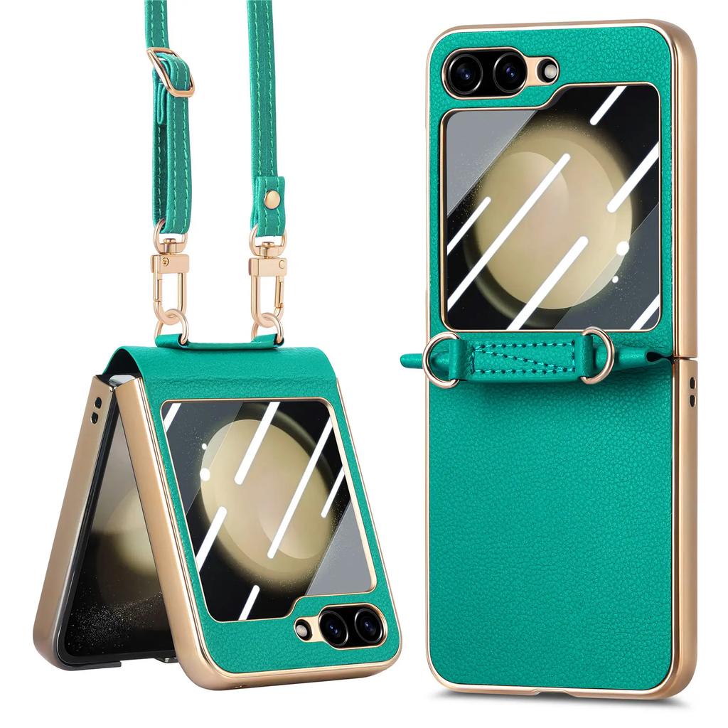 Crossbody Lanyard Electroplating PU Leather Phone Case for Samsung Galaxy Z Flip 5 Flip5 5G Hard Shell Shockproof Cover
