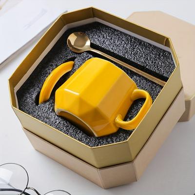 Modern Geometric Ceramic Coffee Mug , Microwave Safe,, Insulated, Ideal for Home/Office, Perfect Valentine'S Day Gift, Comes with Matching Spoon
