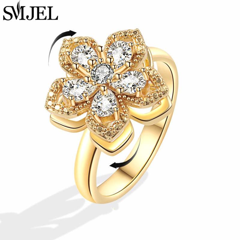 SMJEL Luxury Crystal Anxiety Relief Spinning Fidget Rings for Women Cute Sakura Daisy Rose Flower Rotating Ring Anti Stress Gift