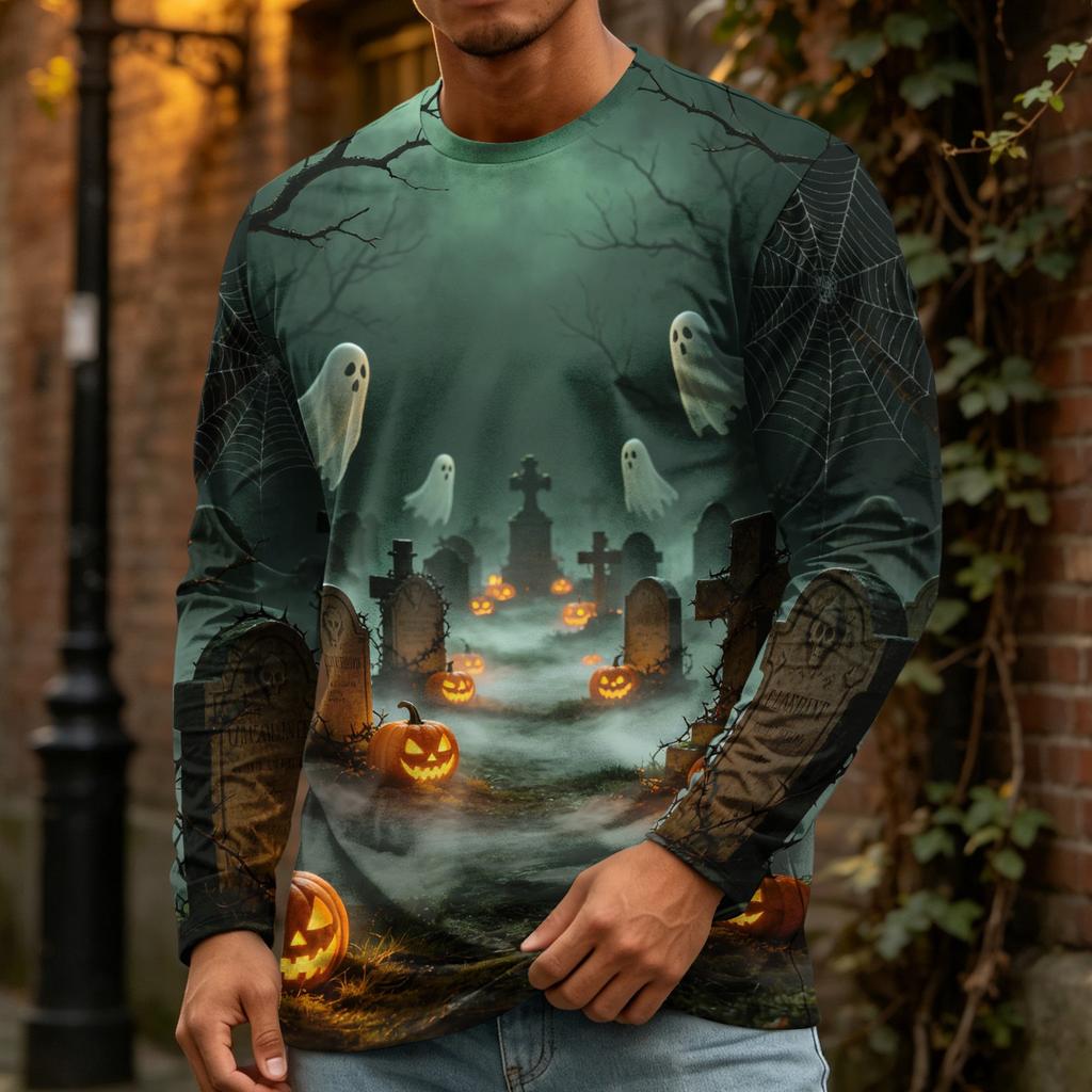 Men's Halloween Print Crewneck Long Sleeve T-Shirt for Casual Wear