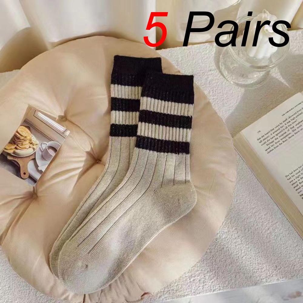 5 Pairs Women Parallel Bars Striped Mid Tube Socks Fashionable Autumn Winter Sweat Absorbing Warm Soft Comfortable Casual Socks