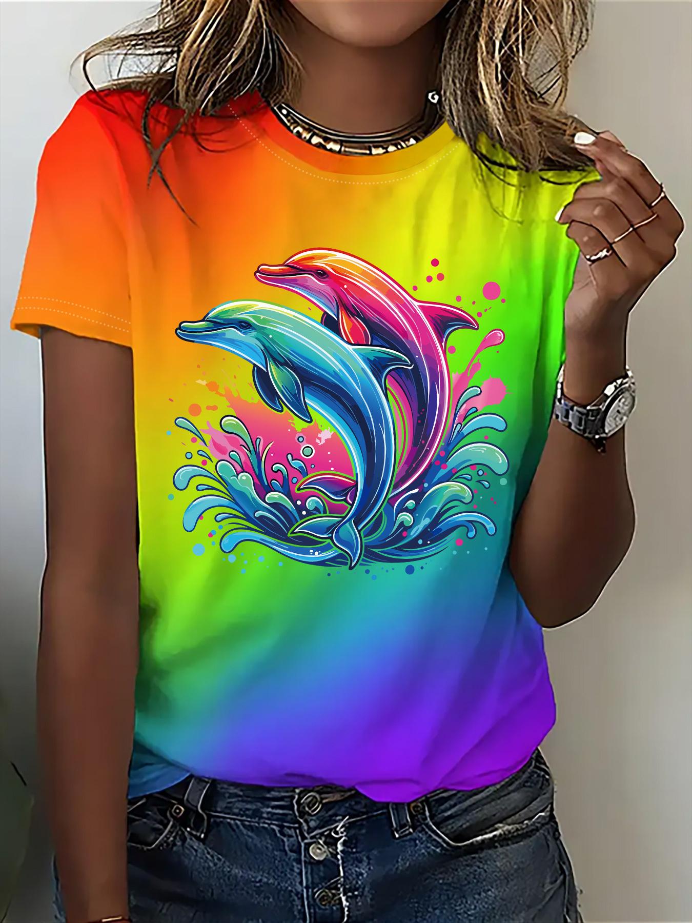 

[Printed Design-Not Textured] Women S Fashion T-Shirt. Printed Design Round Neck Gradient Rainbow T-Shirt. Women S Casual Round Neck Short SleevT-Sh 3XL дубильная кора