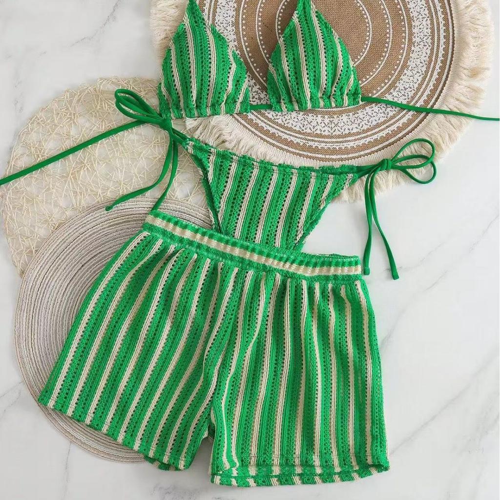 Style Boxer Shorts Mesh Three-piece Women's Swimsuit Neck Lace-up Bikini Set