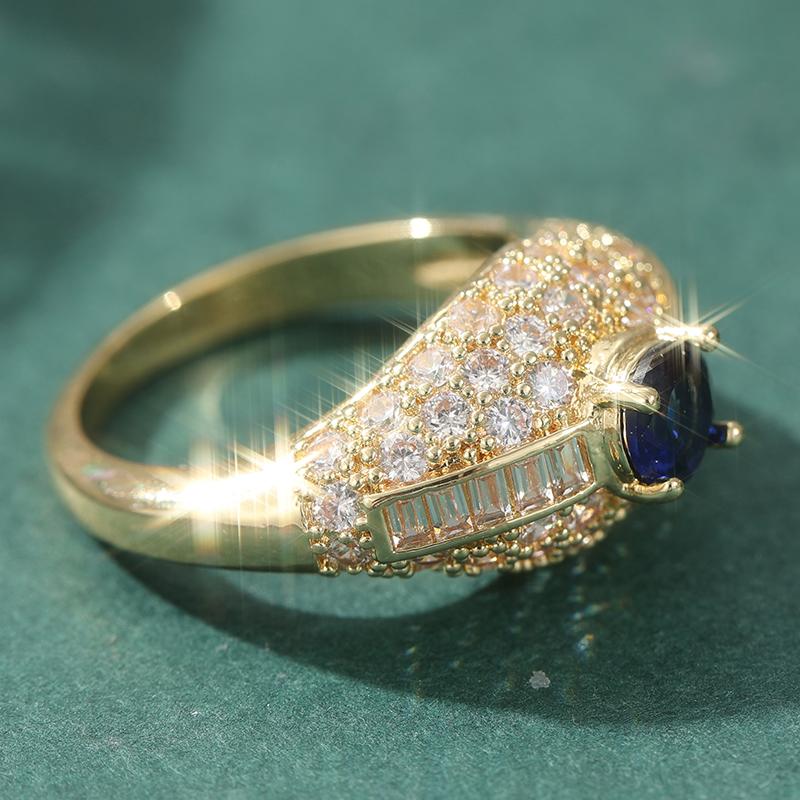 Exquisite Inlaid White Blue CZ Women's Ring Trendy Gold Color Geometry Daily Wear Party Jewelry Anniversary Gift