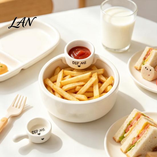 Cute Tableware for Snacks French Fries Bowl with Sauce Dipping Compartment, Heat Resistant Ceramic Snack Server, Microwave Safe Dual Section
