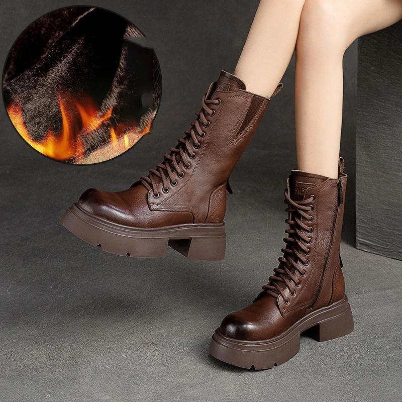 Fashion GKTINOO 2025 Winter Plush Genuine Leather Women Boots Platform Booties Soft Cowhide Women's Shoes Zip Ankle Boots Zapatos Mujer
