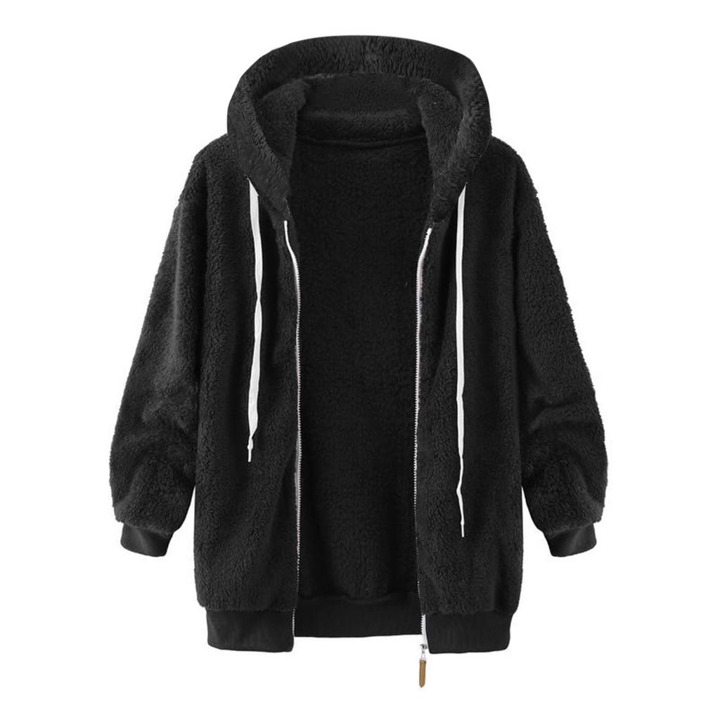 Women's Fashionable Plush Zipper Solid Color Pocket Hooded Long Sleeved Loose Warm Jacket
