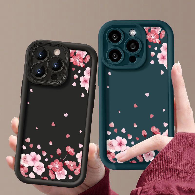 Pink Sakura Pattern Shockproof Case For iPhone 16 Pro Max 15 Plus 14 Pro 13 12 11 XS XR 8 7 TPU Soft Matte Silicone Phone Cover Shell