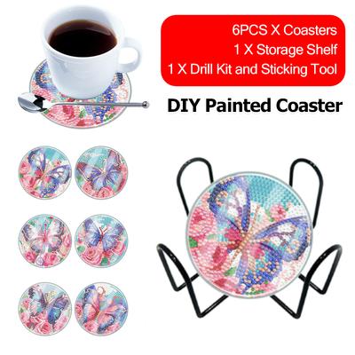 6PCS Full Drill Diamond Coaster Butterfly Acrylic Diamond Painting DIY Coaster Washable for Coffee Table Bar Mugs Glass Cup Beer