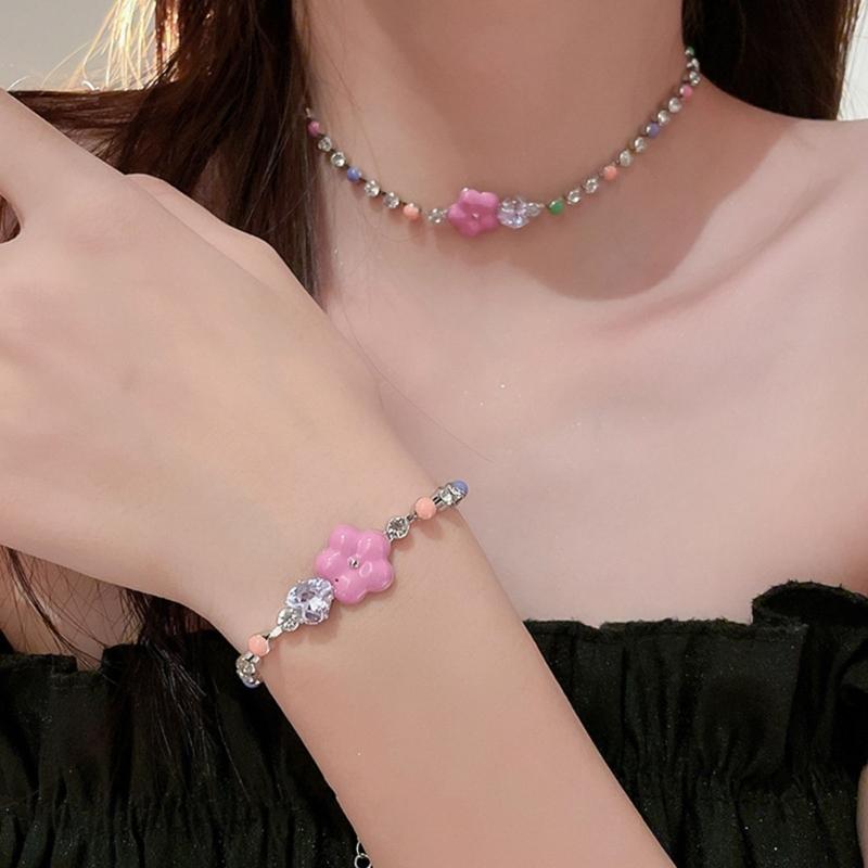 Crystal Beaded Necklace or Bracelets Adjustable Flower Charm Wrist Chain/Bangle Unique Statement Pieces for Girls Women