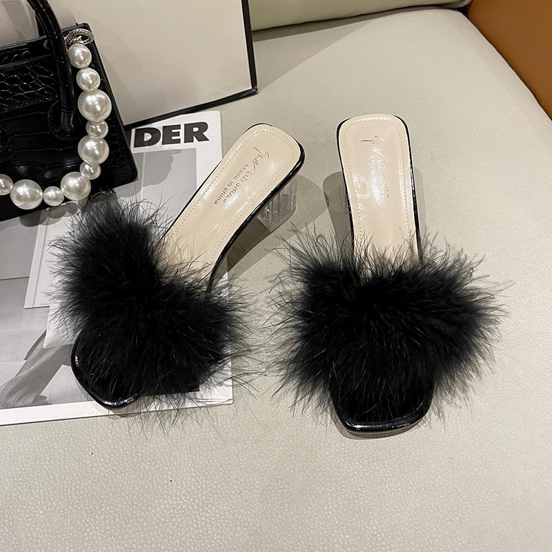 Fashion Aphixta Furry 4.5cm High Heel Slides Sweet Woman Shoes Colorful Fur Design Transportant Heel Slides Sandals Classic Dress Shoes