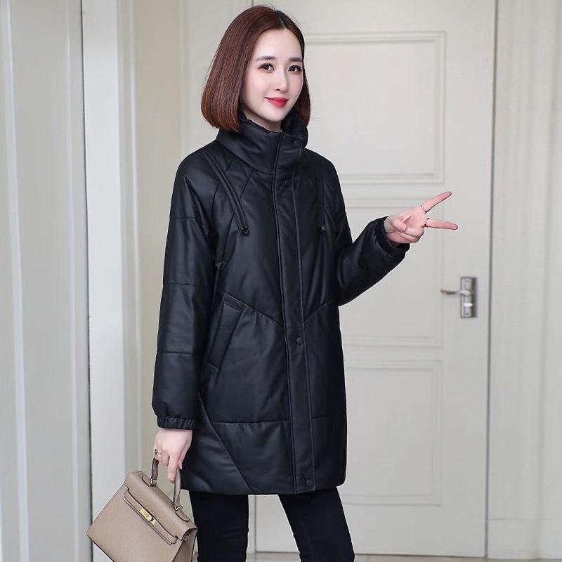

Winter Women s Plus Size Genuine Leather Jacket Midi Length Sheepskin Padded Coat Thickened Windproof Warm Camel Wool Coat 6XL чорний