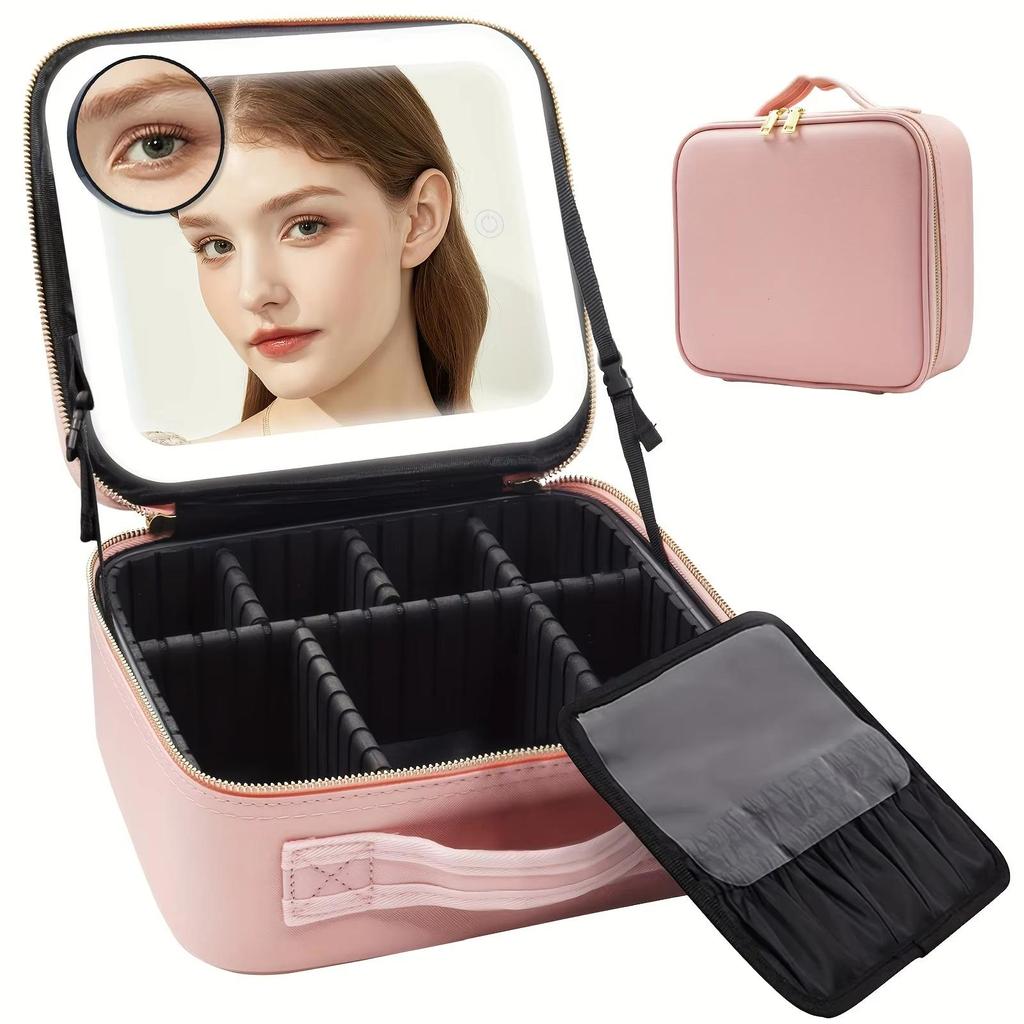 Travel Makeup Bag with Mirror of LED Lighted, with Adjustable Dividers, with Detachable 10x Magnifying Mirror