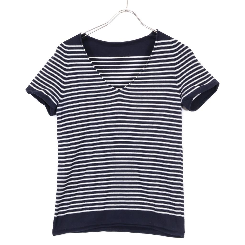 YURI+PARK [Good Condition] 6517-343-0253 Stripe V-neck Knit Sweater/ Tops *There Is No Size Notation. Navy / WhiteUsed