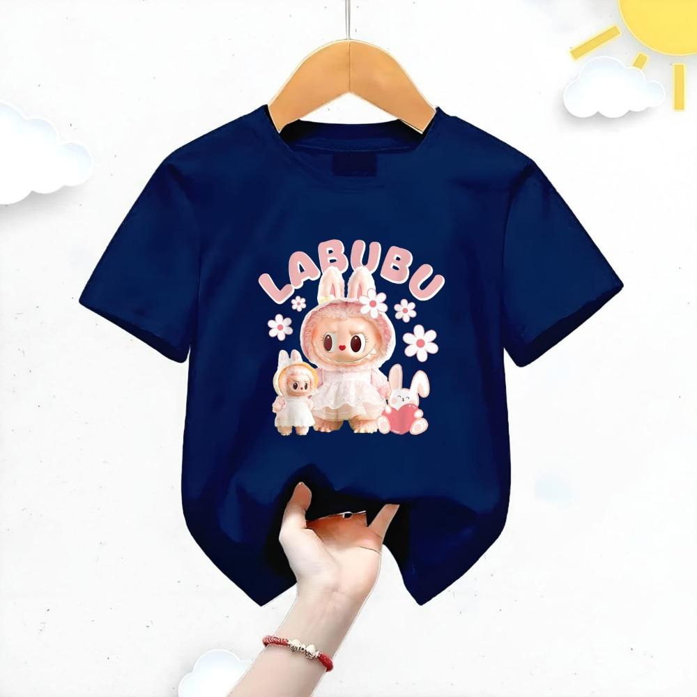 New Labubu Children's T-shirt Scarf LABUBU Flower and Rabbit Pattern Girl Round Neck Short Sleeve Casual Versatile Clothing