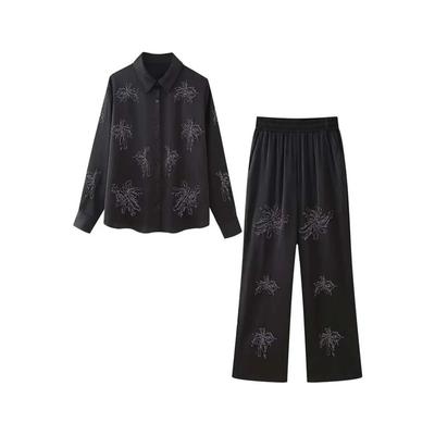 2 peças moda camisas top bordado com miçangas calças compridas conjuntos feminino roupa plus size