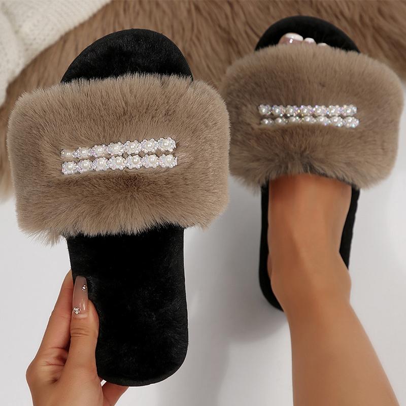 Fashion Indoor Faux Fury Cotton Slippers Women Winter Fashion Pearls Detor Cotton Slippers Open Toe Non Slip Plush Slides Female