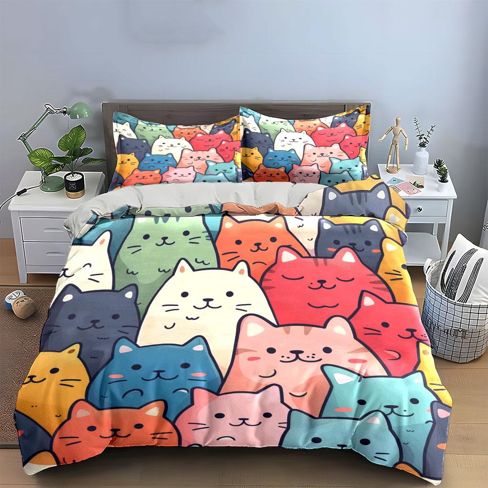 Colorful Cat Pattern Bed Set Bedding Duvet Cover Set Duvet Cover Pillowcases (1 * Duvet Cover 2 * Pillowcases, Without Duvet Insert)