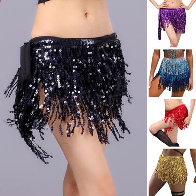 Belly Dance Skirt Sequin Multi-Layered Design Bright Color 4-Layers Glitter Skirt Hip Wrapped Dance Stage Performance Cosplay Skirt