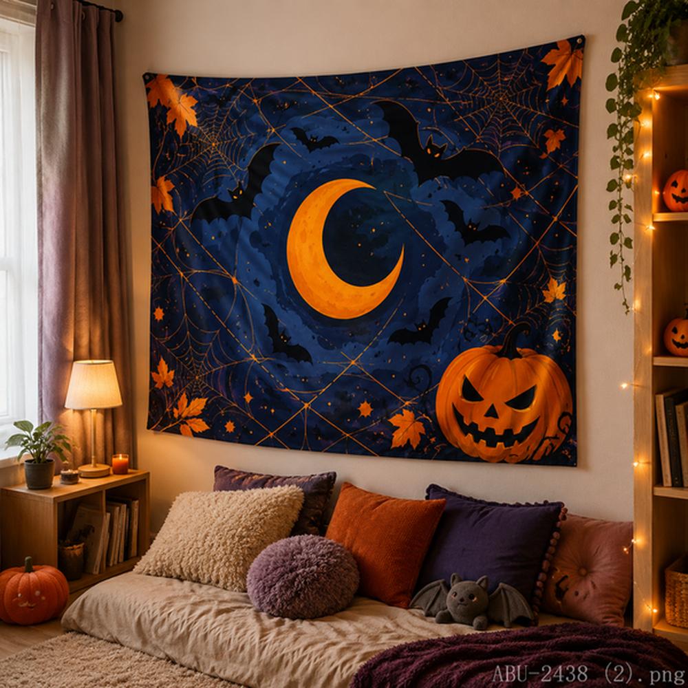 Halloween Tapestry Giant Yellow Moon Bats Purple Night Haunted Trees Gothic Art