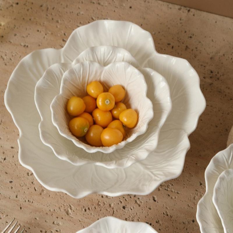 Nordic Luxury Flower Ceramic Dinner Plates White Creative Cabbage Relief Tableware Fruit Vegetable Salad Bowl Large Soup Bowls