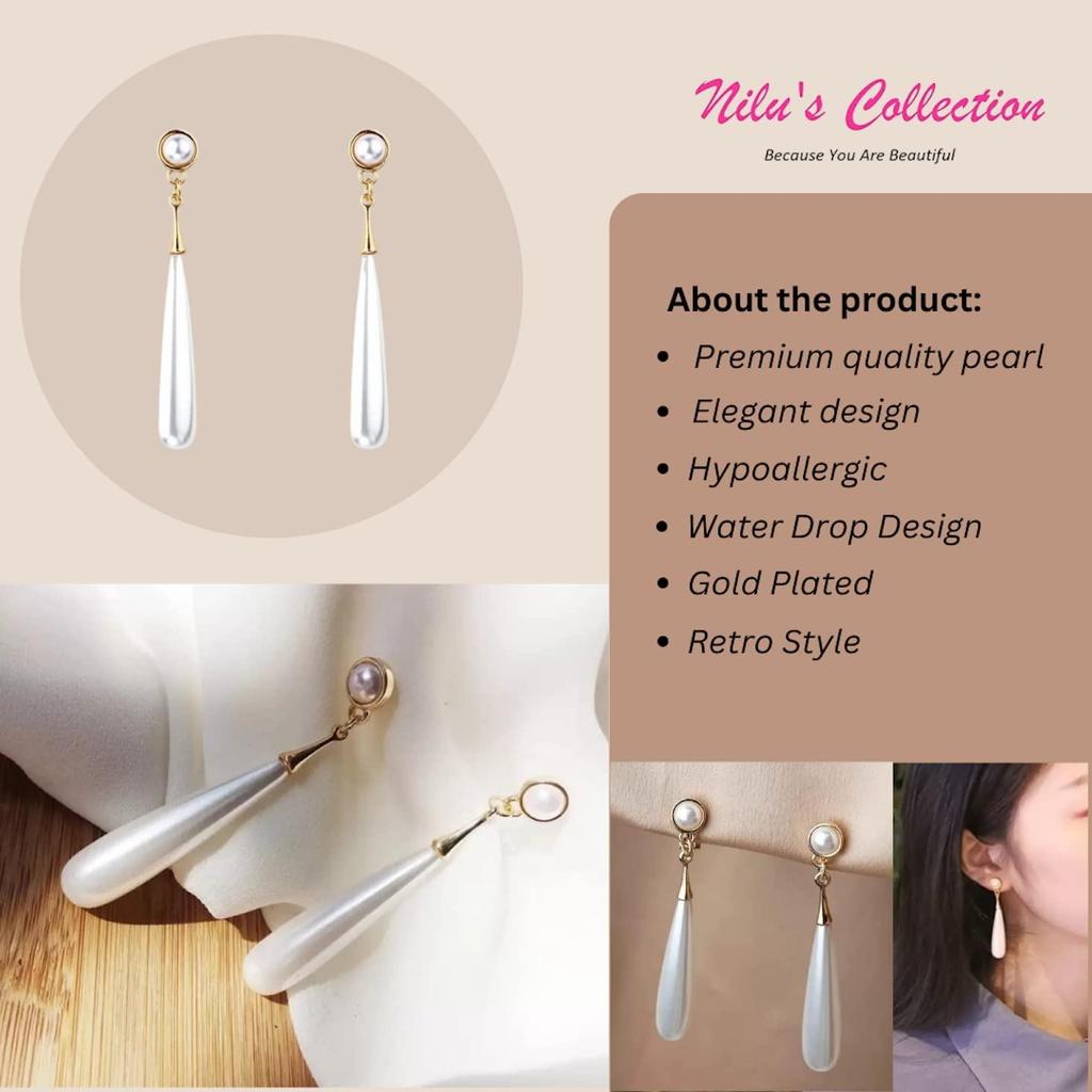 Attractive & Stylish Gold Plated Water Drop Long Pearl Earrings for Women & Girls (Medium, Bronze, Pearl)