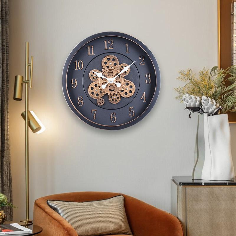40CM Creative Dynamic Gear Clock Living Room Retro Wall Clock Decoration Modern Wood Grain Clock Wall Clock