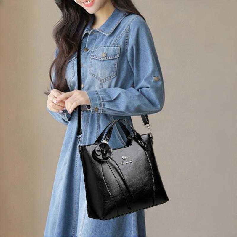 Retro PU Leather Handbags for Women Flower Decor Women's Shoulder Bag Leather Tote Bag