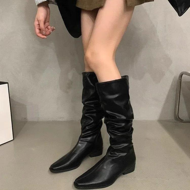 Coarse Heeled Mid Heeled Knight Boots for Women New Autumn Western Slim Square Toe Low Heeled Pleated Pile Boots Platform Shoes